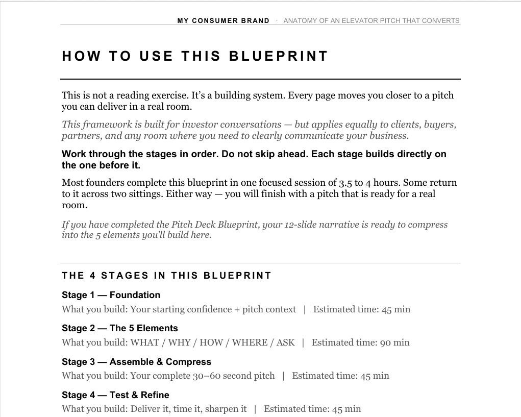 Elevator Pitch Blueprint - my consumer brand